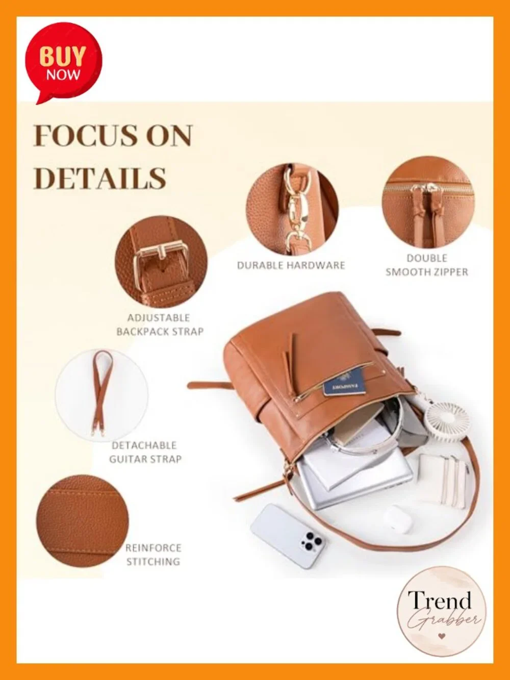 Convertible Leather Laptop Backpack Women Work Travel Bag with Detachable Strap